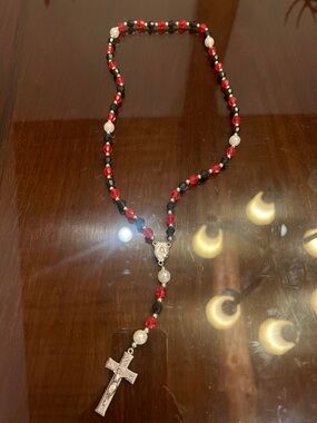 Red, Black & White Beaded Rosary Necklace